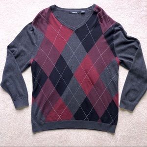 Claiborne Argyle V Gray Black Red Sweater Winter Holiday Christmas